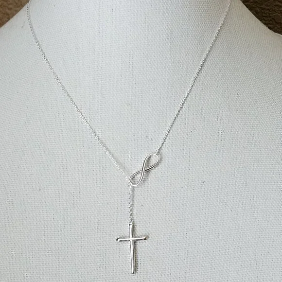 925 Sterling Silver Infinity Cross Pendant Lariat Necklace Religious Jewelry - Picture 2 of 6